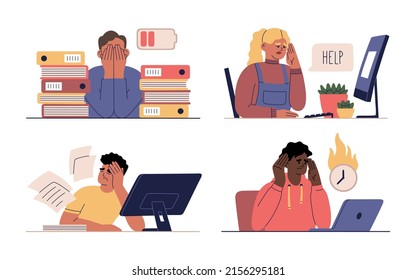 Set of people tired from hard work. Burnout concept. Men and women sit in the office, overworked and needs recharge. Hand drawn vector illustration isolated on white background. Flat style.