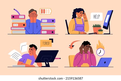 Set of people tired from hard work. Burnout concept. Men and women sit in the office, overworked and needs recharge. Hand drawn color vector illustration isolated on light background. Flat style.