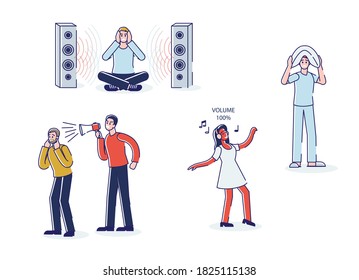 Set of people tired of loud music and high volume sound from speakers and megaphone. Isolated cartoon characters listen music loudly. Linear vector illustration