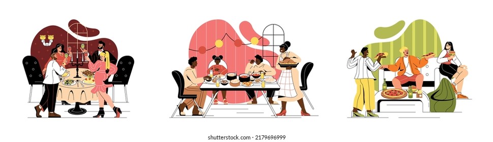 Gente reunida en fiestas de vacaciones. Amigos, colegas o familiares con niños pasan tiempo y se divierten. Animación y cena festiva. Colección vectorial plana de dibujos animados aislada en fondo blanco