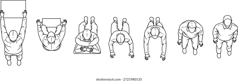 Set of people top view line art for architectural floor plans, scale figures of standing and sitting persons for masterplan rendering and site maps..eps