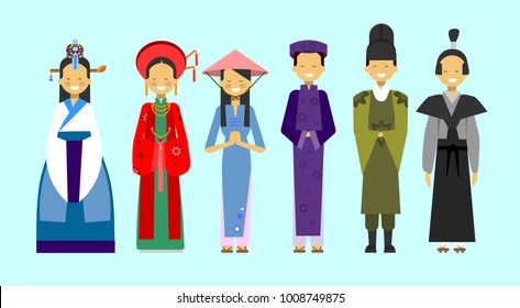 Set Of People In Traditional Asian Clothing, National Costumes Concept Flat Vector Illustration