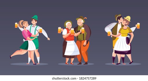 poner gente con ropa tradicional bebiendo cerveza celebrando la fiesta de Oktoberfest hombres mujeres divirtiéndose a lo largo de la ilustración horizontal vectorial