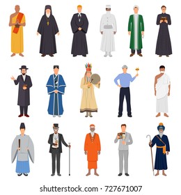 Set of people in traditional costume from world religions including islam, catholicism, orthodoxy, buddhism isolated vector illustration 