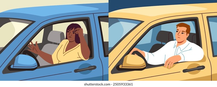 Set of people in traffic jam. Sad man and woman sitting behind car wheel and waiting for movement in rush hour. Unhappy driver. Road situation and traffic accident. Flat vector illustration collection