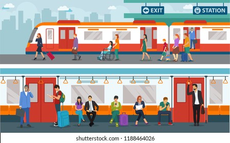 Set Of People In Train Station. Train Station Situation In The Morning