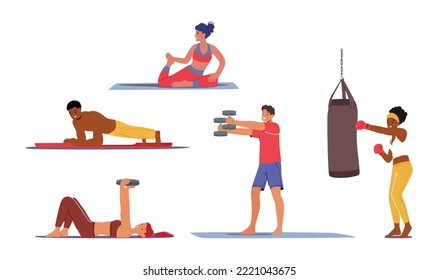 Set People Training with Dumbbells, Boxing, Stand in Plank and Stretching. Isolated Sport Characters Workout Exercises, Sports Activity, People Healthy Lifestyle Concept. Cartoon Vector Illustration