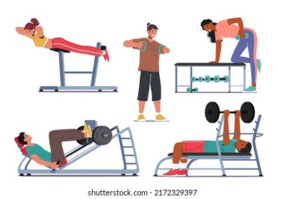 Set of People Training in Gym. Male and Female Characters Exercising with Professional Fitness Equipment Doing Workout with Weight, Sport Activity, Healthy Life Concept. Cartoon Vector Illustration