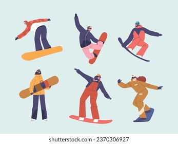 Set of People Training on Ski Resort. Wintertime Activity and Extreme Outdoors Snowboarding Sport, Vector Illustration