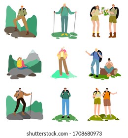 Set of people travelers enjoying hiking and traveling on nature vector illustration