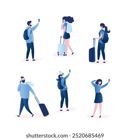 Conjunto de personas viajeras, personajes masculinos y femeninos con mochilas, maletas y teléfonos inteligentes. Humanos en varias poses. Aislado sobre fondo blanco. Tiempo de vacaciones. Ilustración vectorial de estilo de moda