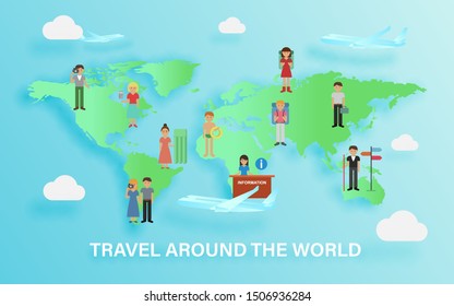 Set of people traveling around the world