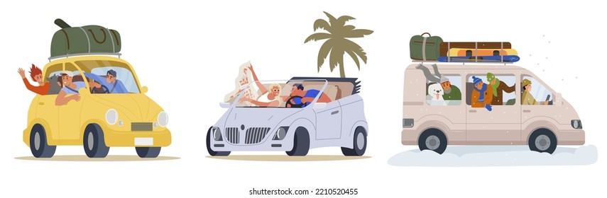 Set of people traveling by car. Happy smiling friends go on vacation in vehicle. Men and women go on trip on summer or winter weekend.. Cartoon flat vector collection isolated on white background