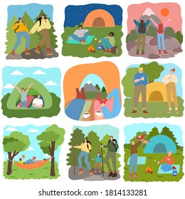 Set of people traveling and having rest on wild nature