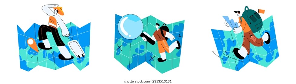 Set of people traveling. Lady holding trolley bag and walking on big map. Man with backpack holding magnifying glass and searching for locations. Tourist walking with map. Flat vector