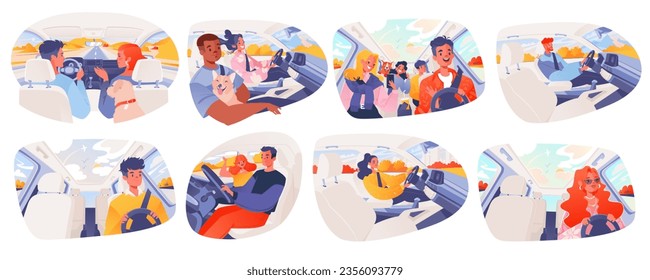 Set people traveling on highways and country roads by car. Couples, drivers and friends driving and smiling at each other, laughing together while traveling.  Interior of an automobile, cars inside.