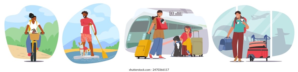 Conjunto De Personas Que Viajan Con Mascotas. Personajes En Bicicleta, Paddle Boarding, Esperando En Una Estación De Tren, Caminando En El Aeropuerto. Vector Concepto De Alegría Y Compañía De Las Mascotas Durante Diversas Aventuras De Viaje