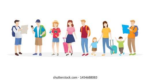 Set of people traveling. Vector set of people traveling. Vector flat style cartoon illustration isolated on white background. People and family on traveling
