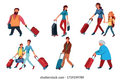 Set of people travelling with backpacks and suitcases vector illustration