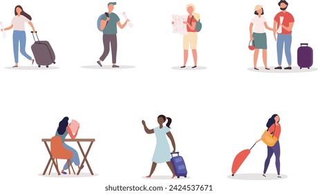 Set of people travelling with luggage and maps with individual men and women and couples or groups, colored vector illustration