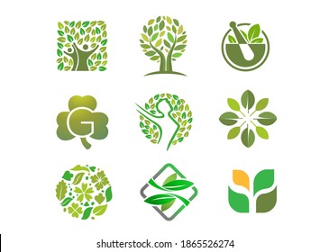 Conjunto de logotipos de árbol de personas y plantilla de icono de hoja verde