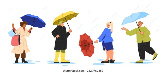 Gruppe von Leuten mit Regenschirmen. Männer und Frauen unter Regen. Herbst- und Herbstsaison. Charaktere verstecken sich vor nassem und kaltem Wetter. Cartoon-Flachvektorkollektion einzeln auf weißem Hintergrund. 3D-Illustration