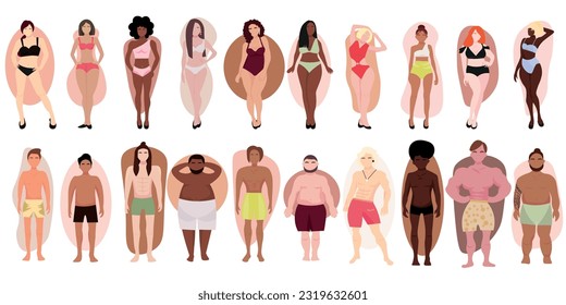 Set of people in underwear with different types of body shape on