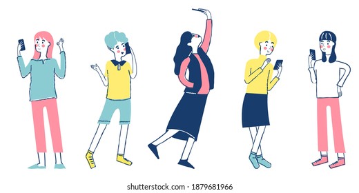 Set of people use smartphone. Collection of woman hold mobile phone.Mobile internet. Social media. Taking selfie. Modern communication technology. Hand drawn doodle flat vector illustration design.