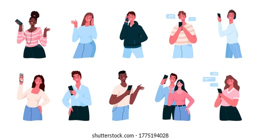 Un grupo de personas usan teléfonos inteligentes para enviar mensajes de texto, hablar, escuchar música, tomar selfie. Niños y niñas hablando y escribiendo por teléfono. Colección de personajes masculinos y femeninos. Vector plano de dibujos animados Ilustración.