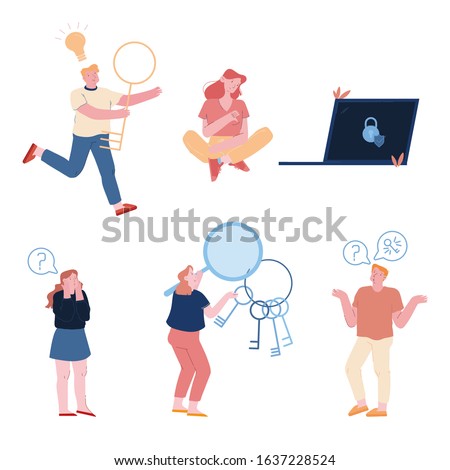 Set of People Users Forgot and Remember Account Password. Sad Confused Woman Sitting near Huge Laptop with Padlock and Shield on Screen, Man with Key and Light Bulb Cartoon Flat Vector Illustration