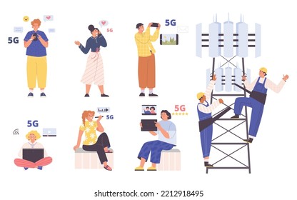 Set of people using 5G technologies flat style, vector illustration isolated on white background. Men and women chatting, watching videos, sending photos. Engineers on tower