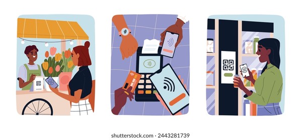 Set of people using cashless payment. Men and women using digital banking service for purchases. Contactless pay and online transaction with qr code. Cartoon flat vector isolated illustrations