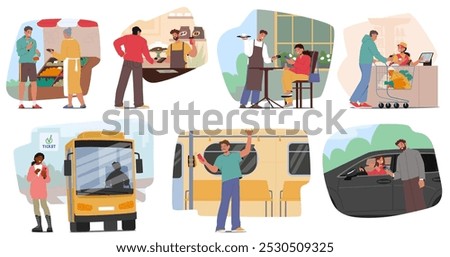 Set of People Using Contactless Payment Methods In Daily Life From Buying Groceries, Dining In A Cafe, Using Public Transportation To Ride-sharing. Digital Transactions Through Smartphones And Cards