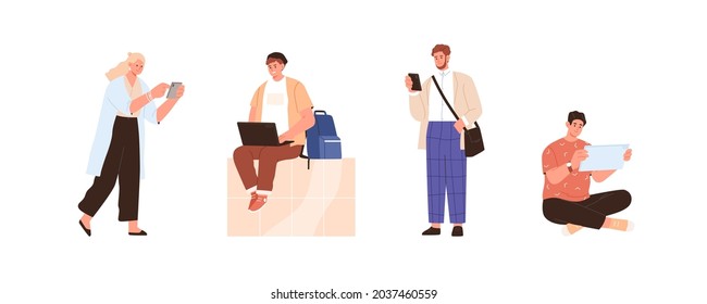 Set of people using different gadgets. Man and woman are online with smartphone, laptop, tablet PC, mobile phone. Male and female Internet users. Flat vector illustration isolated on white background