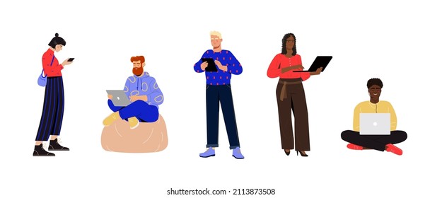 Set of people using different gadgets. Young Men and women with laptop, smartphone, tablet, and mobile phone. Social media users. Cartoon modern flat vector collection isolated on white background