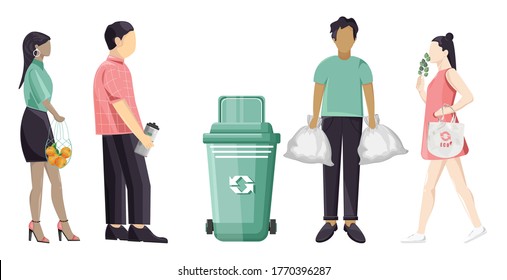 Set of people using eco friendly reusable bags and trash can. Colorful clothes. Vector