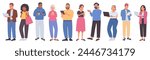 Set of people using gadgets in lifestyle. Business men and women use phones, tablets and laptops to work and communicate. Vector illustration in flat style