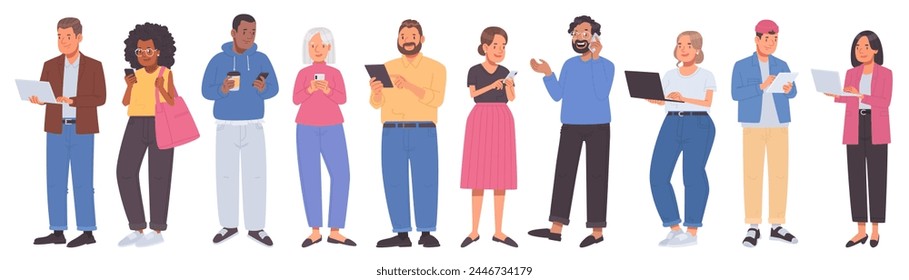 Set of people using gadgets in lifestyle. Business men and women use phones, tablets and laptops to work and communicate. Vector illustration in flat style