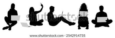 Set of People using laptop silhouettes. Different men, women working online, surfing internet with computer, sitting on the floor. Vector isolated on white background.
