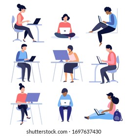 Set Of People Using Laptops And Computers. Distance Working, Freelance And Internet Entertainment Concept Illustration. 