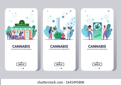 set people using marijuana cannabis drug consumption concept mobile app smartphone screens collection full length horizontal copy space vector illustration