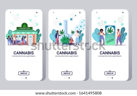 set people using marijuana cannabis drug consumption concept mobile app smartphone screens collection full length horizontal copy space vector illustration