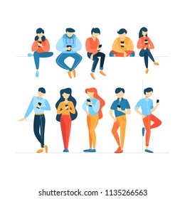 Set of people using mobile phones. Teens communicate with friends through social networks using smartphones. Internet addiction. Isolated flat vector illustration