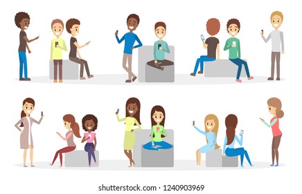 Set of people using mobile phones. Teens communicate with friends through social networks using smartphones. Internet addiction. Isolated flat vector illustration