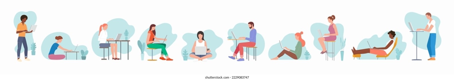 Set of people using a notebook. Male and female characters working with laptop. Freelance, self-education, distant work concept. 