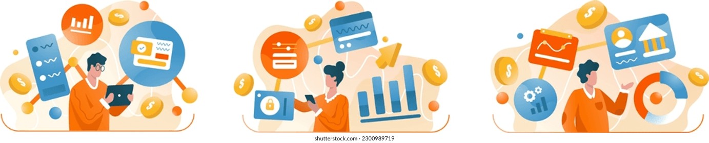 Conjunto de personas que utilizan servicios bancarios en línea. Mujer revisando la tarjeta de crédito en línea. Hombre leyendo información sobre inversiones, préstamos y ahorros. Ilustración vectorial plana en colores azul y naranja
