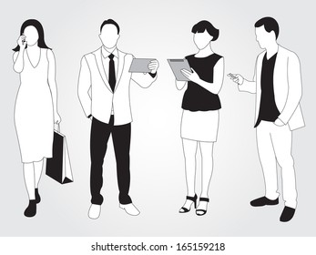 Set of people using smart phones and devices
