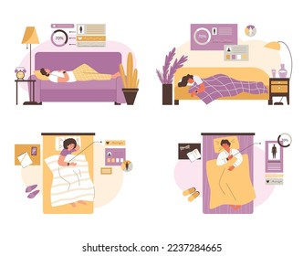 Set of people using smart watch app to track and monitor sleep quality, flat vector illustration isolated on white background. Health monitoring and control technology.