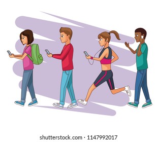 Set of people using smartphone
