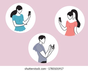 Gruppe von Menschen, die Smartphone verwenden, Männer und Frauen mit Mobilgeräten, Vektorgrafik-Design